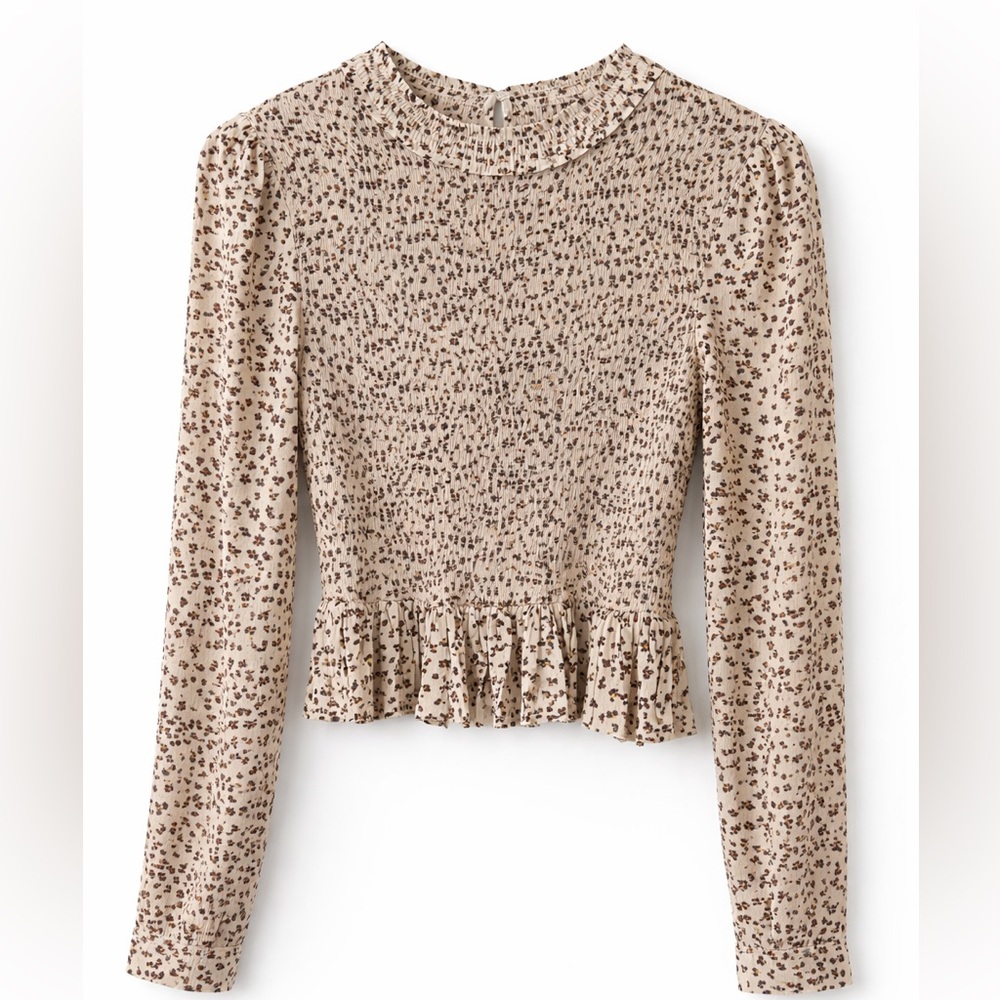 Patrons of Peace Beige Floral Smocked Peplum Long-Sleeve Top